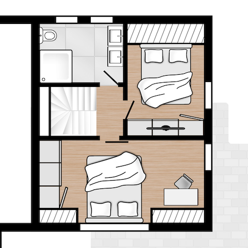 Obergeschoss Reethaus Nordgold Grundriss Obergeschoss mit zwei Schlafzimmern, Bad und Wohnbereich.