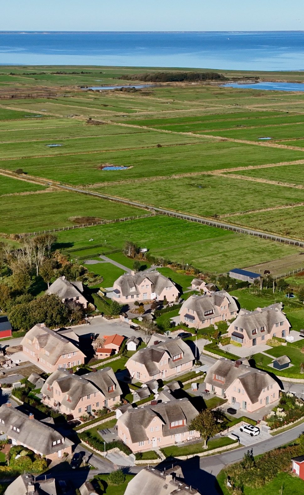 Garten Reethaus Nordgold Ferienhaus mit Reetdach, Garten und Terrasse unter blauem Himmel.