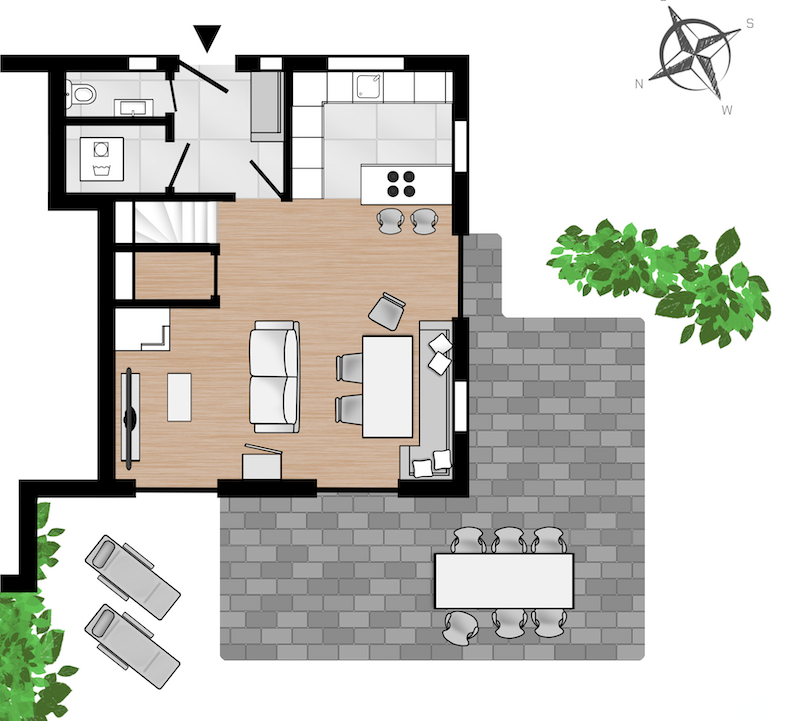 Erdgeschoss Reethaus Nordgold Grundriss eines modernen Wohnbereichs mit Küche, Wohnzimmer und Terrasse.